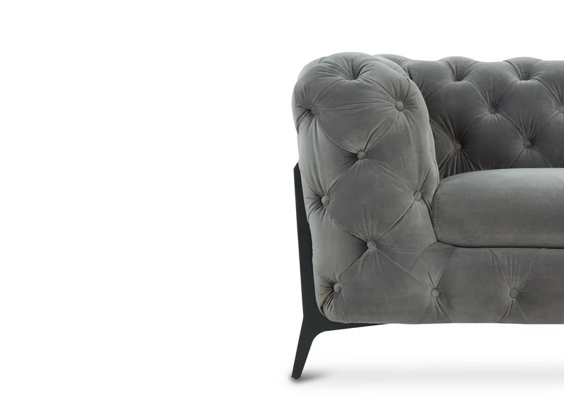 Canapé fixe 3 places capitonné chesterfield velours gris CARMEN