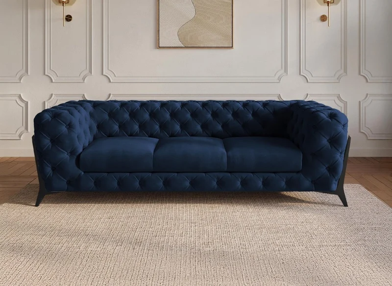 Canapé fixe 3 places capitonné chesterfield velours bleu CARMEN