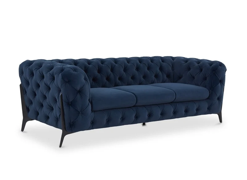 Canapé fixe 3 places capitonné chesterfield velours bleu CARMEN