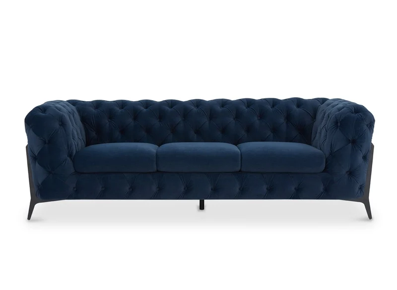 Canapé fixe 3 places capitonné chesterfield velours bleu CARMEN