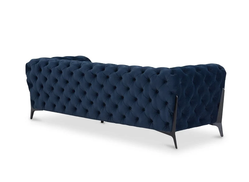 Canapé fixe 3 places capitonné chesterfield velours bleu CARMEN
