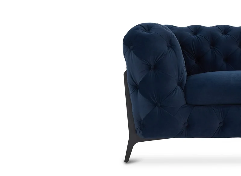 Canapé fixe 3 places capitonné chesterfield velours bleu CARMEN