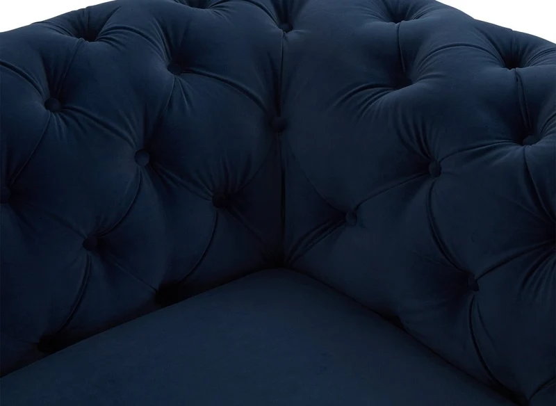 Canapé fixe 3 places capitonné chesterfield velours bleu CARMEN