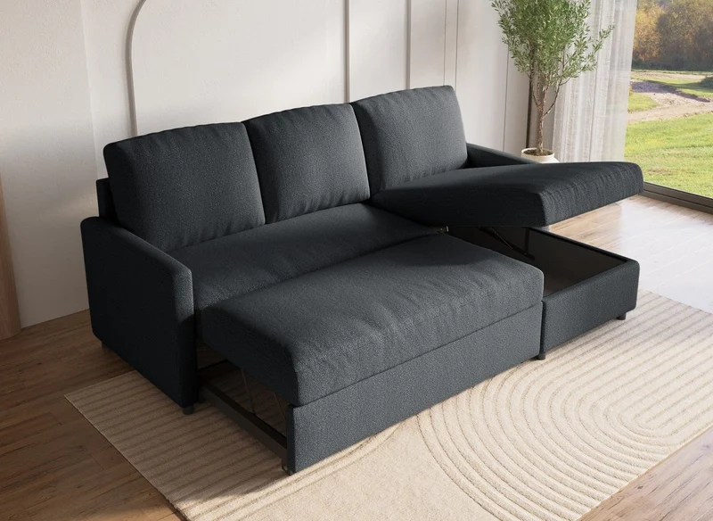 Canapé d'angle réversible convertible coffre de rangement en tissu gris anthracite ADAM