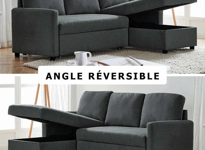 Canapé d'angle réversible convertible coffre de rangement en tissu gris anthracite ADAM