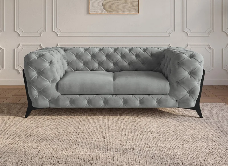 Canapé fixe 2 places capitonné chesterfield velours gris CARMEN