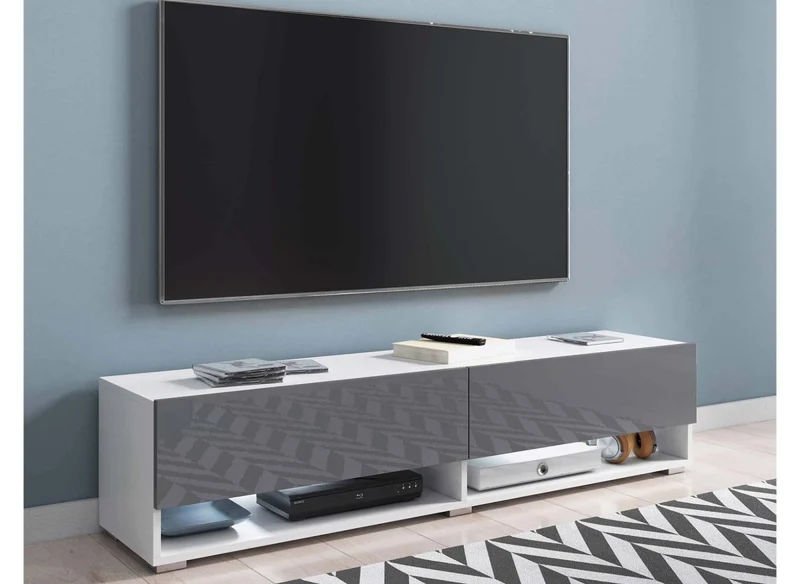 Meuble TV suspendu 2 portes 2 niches blanc et gris ROMANE XXL - 180 cm