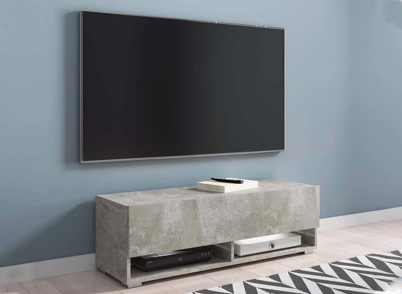 Meuble TV suspendu 1 porte 2 niches gris béton ROMANE - 100 cm