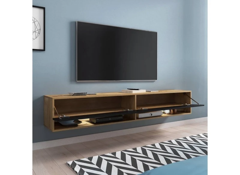 Meuble TV suspendu 2 portes 2 niches en chêne et noir ROMANE XXL - 180 cm