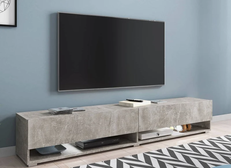 Meuble TV suspendu 2 portes 2 niches gris béton ROMANE XXL - 180 cm