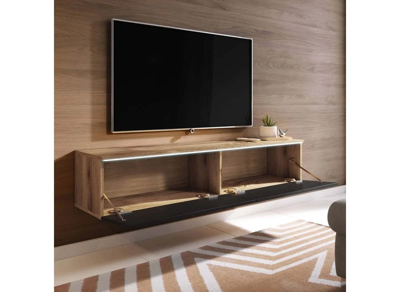 Meuble TV chêne vieilli et noir laqué avec LED 2 portes MALORIE- 180 cm