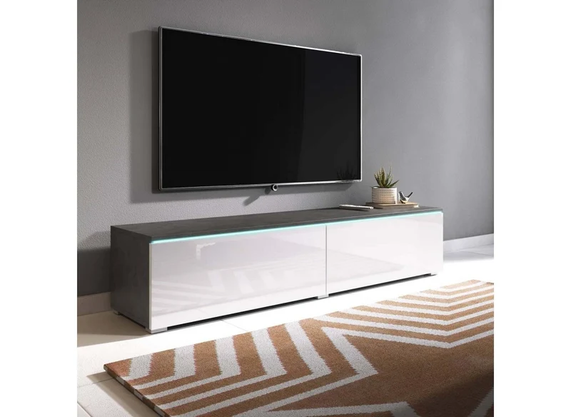 Meuble TV contemporain gris et blanc avec LED 2 portes MALORIE - 180 cm