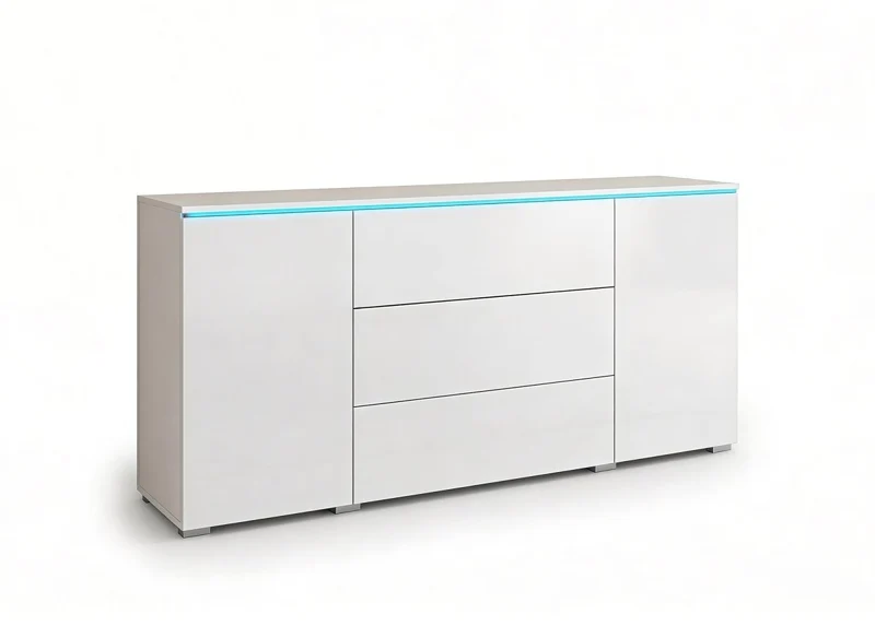 Buffet commode 2 portes 3 tiroirs blanc avec LED - ALEXIA