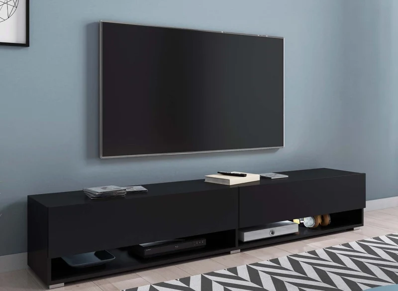 Meuble TV suspendu 2 portes 2 niches noir ROMANE XXL - 180 cm