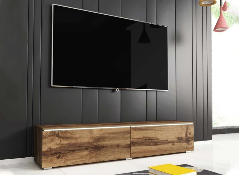 Meuble TV contemporain en chêne avec LED 2 portes MALORIE - 180 cm