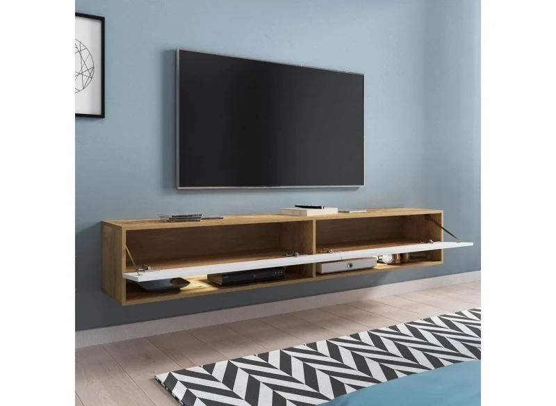 Meuble TV suspendu 2 portes 2 niches en chêne et blanc ROMANE XXL - 180 cm