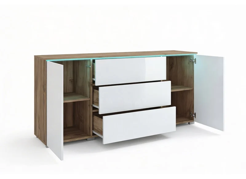 Buffet commode 2 portes 3 tiroirs chêne et blanc avec LED - ALEXIA