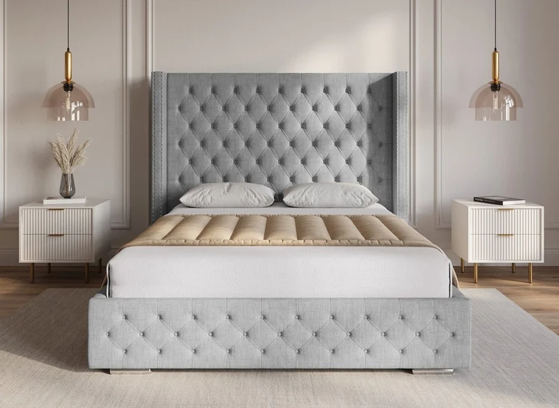 Lit coffre en tissu lin gris 140X190 cm MAXI