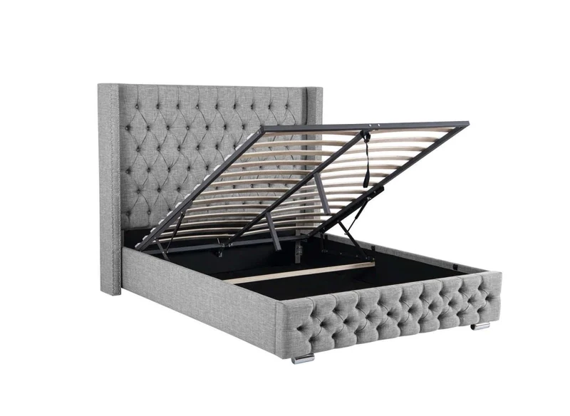Lit coffre en tissu lin gris 140X190 cm MAXI