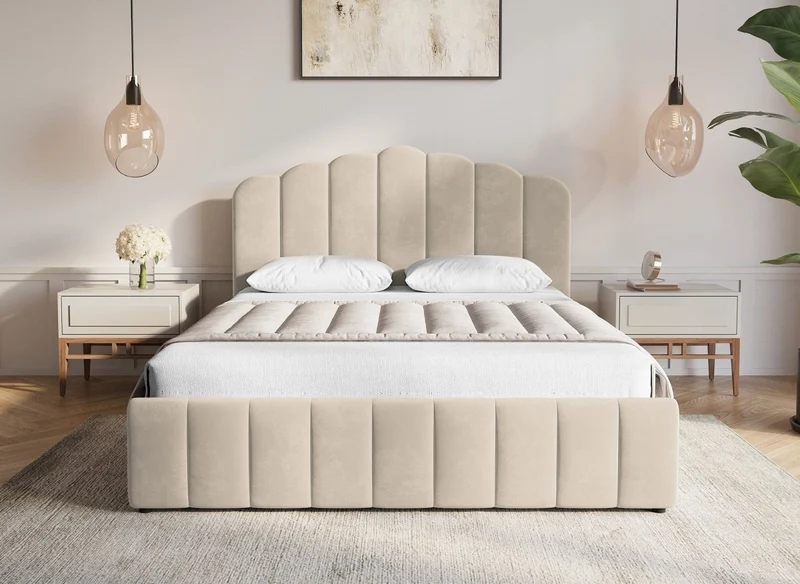 Lit coffre en velours beige 160x200 cm ELVIRA