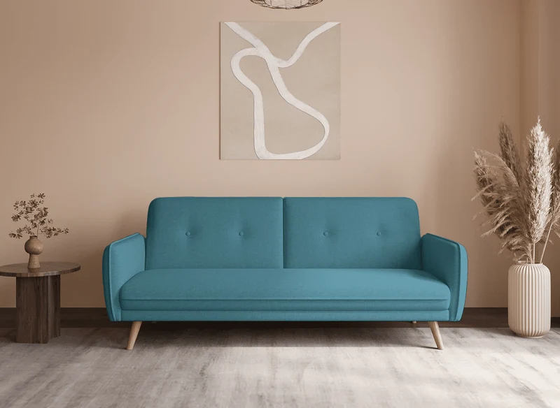 Canapé clic clac en tissu bleu avec pieds en bois NATAL
