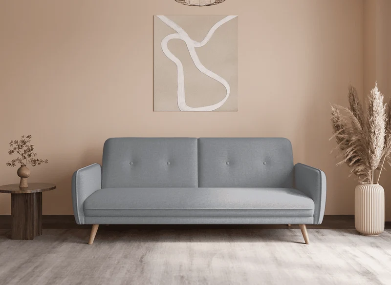 Canapé clic clac en tissu gris clair avec pieds en bois NATAL