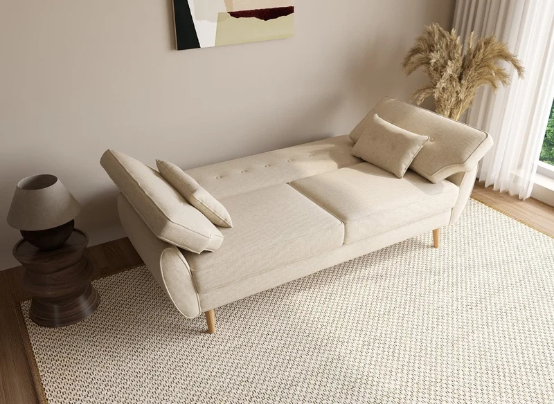 Canapé clic clac en tissu beige avec pieds en bois PANAMA