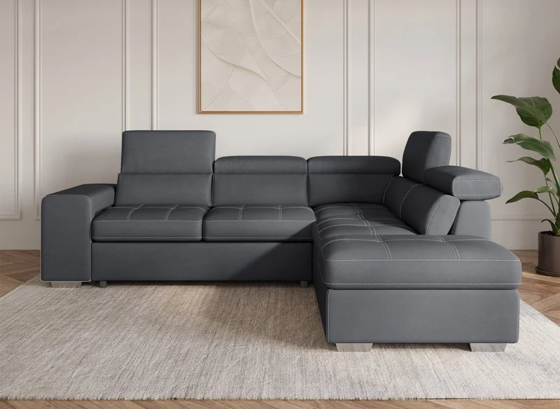 Canapé d'angle convertible en tissu gris DAVON - angle droit