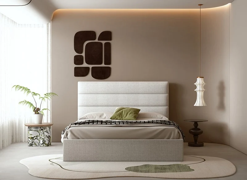Lit coffre en tissu lin beige 160 x 200 cm SHANNA