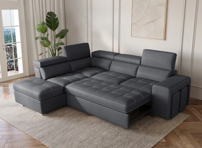 Canapé d'angle convertible en tissu gris DAVON - angle gauche