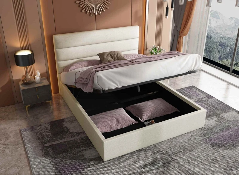 Lit coffre en tissu lin beige 180 x 200 cm SHANNA