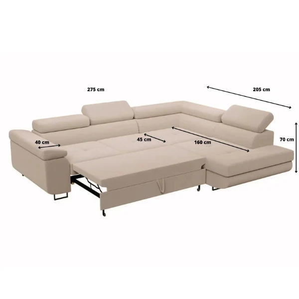 Canapé d’angle - Convertible – Tissu velours - Coffre intégré, 3 appuie-têtes – Toulouse