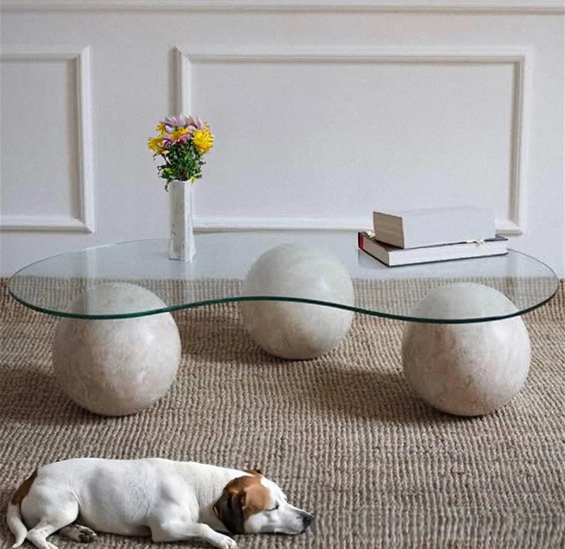 Table basse - Travertin - Plateau vitré - Ball