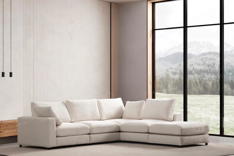 Canapé d’angle - Modulable 4+1 - Tissu laine bouclée, chenille ou velours beige - Julie