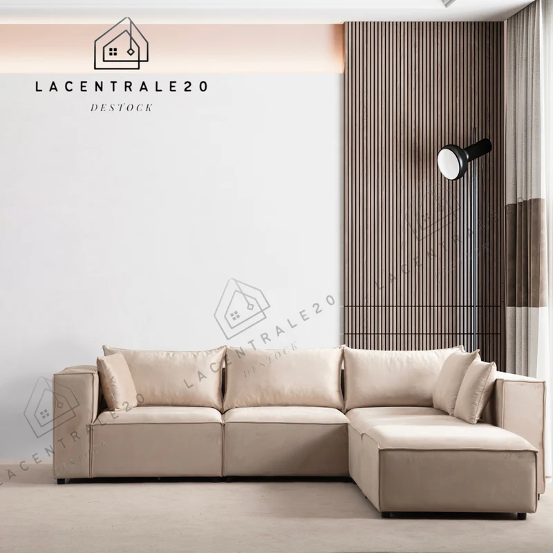 Canapé Modulable 3+1 pouf - Velours beige - Modulo