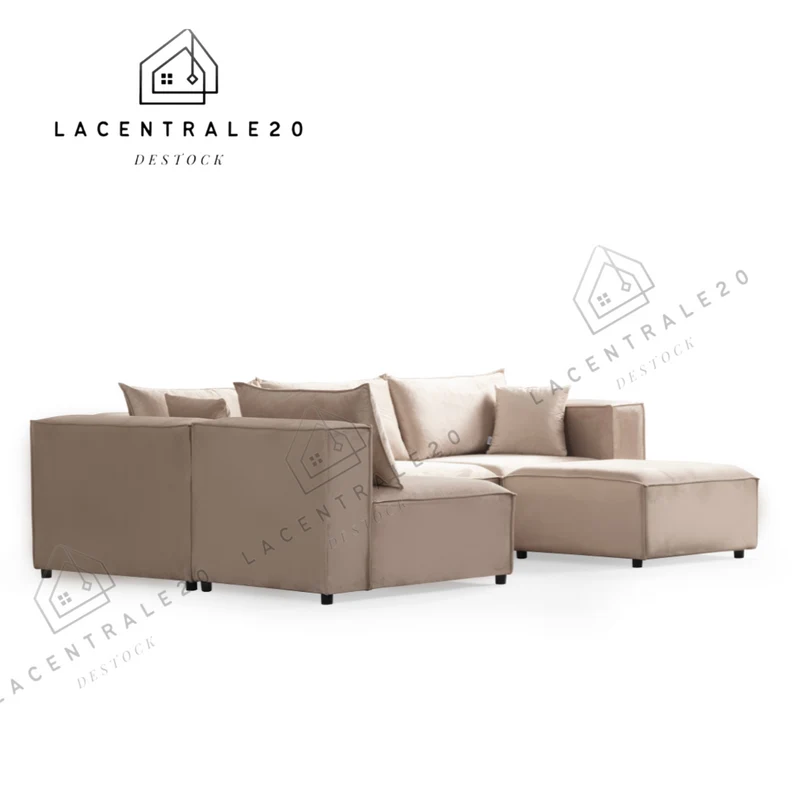 Canapé Modulable - Tissu velours Beige - 4+1 Pouf - Modulo