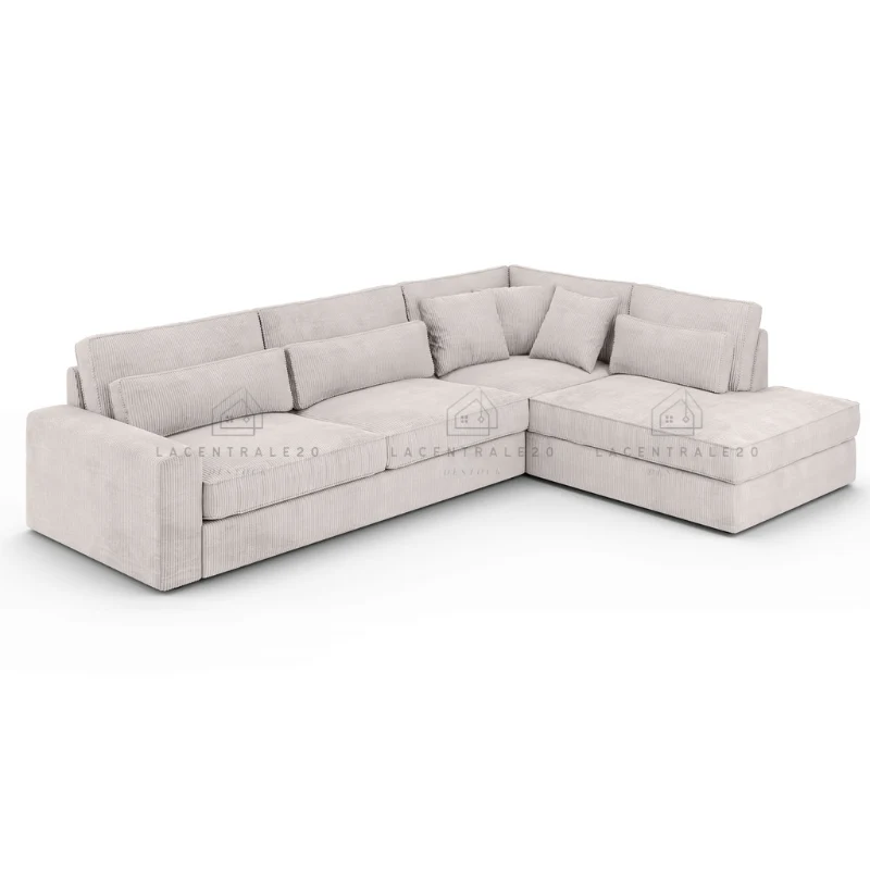 Canapé d’angle – Tissu côtelé écru ou velours beige – Moderna Souk