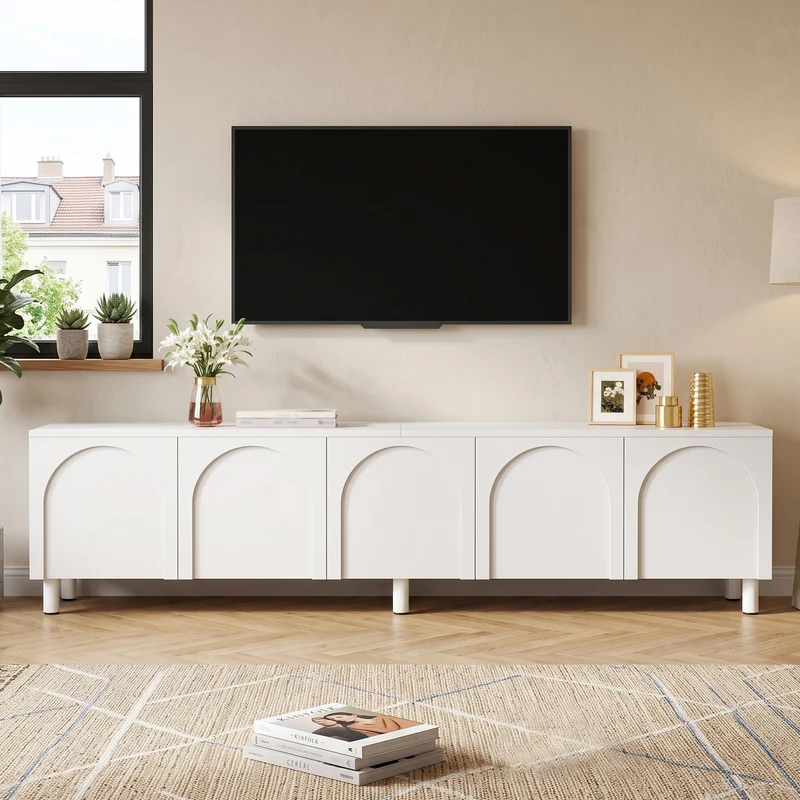 Meuble TV blanc motif arche à 5 portes avec pieds métal 180cm PLANTHAVEN