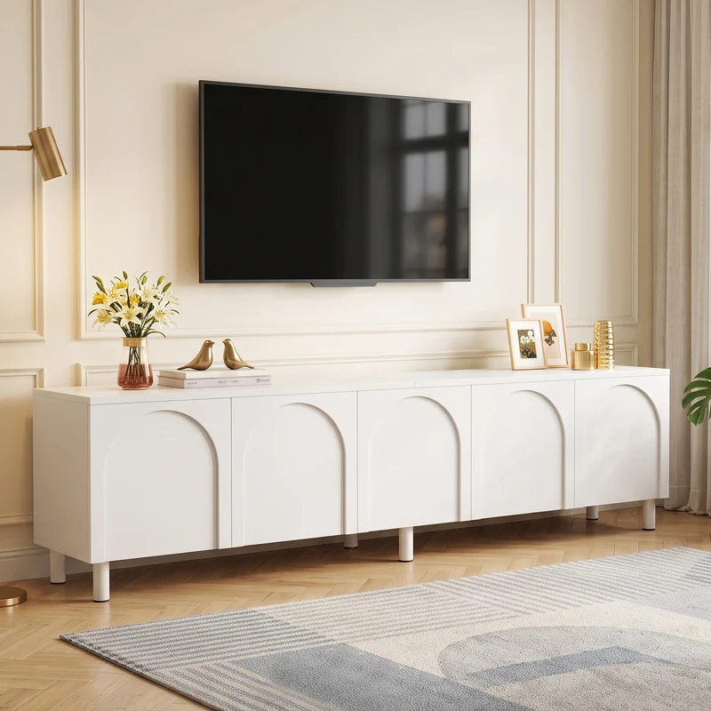 Meuble TV blanc motif arche à 5 portes avec pieds métal 180cm PLANTHAVEN