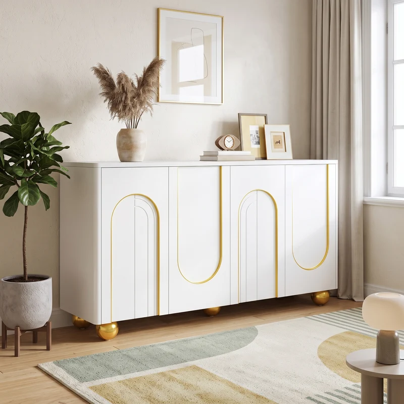 Buffet blanc motifs arche à 4 portes et pieds dorés 140×40×74cm PILLOWSTONE