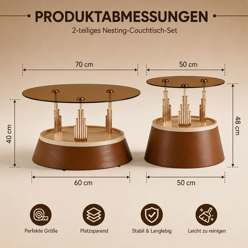 Ensemble de 2 tables basses gigognes en verre trempé teinté marron et métal doré PINECREDENZA