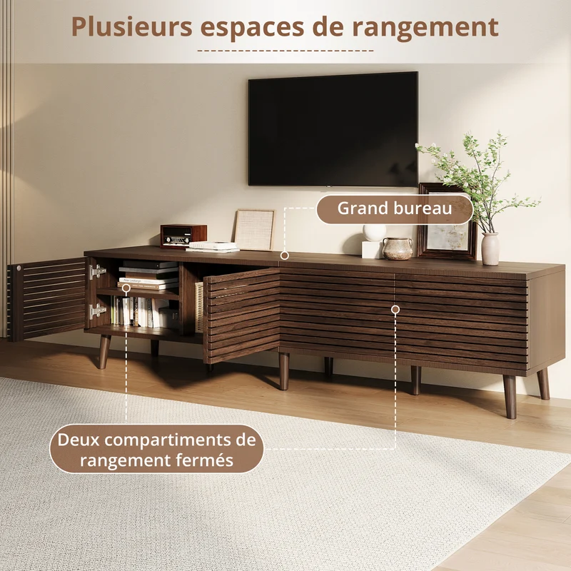 Meuble TV style vintage effet noyer 4 portes à latte PANELONE
