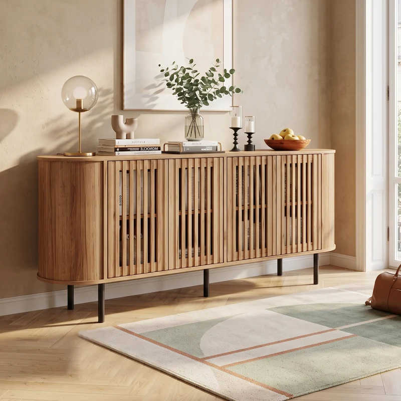 Buffet effet bois 4 portes cannées 160x40x70cm PILLOWCONCRETE