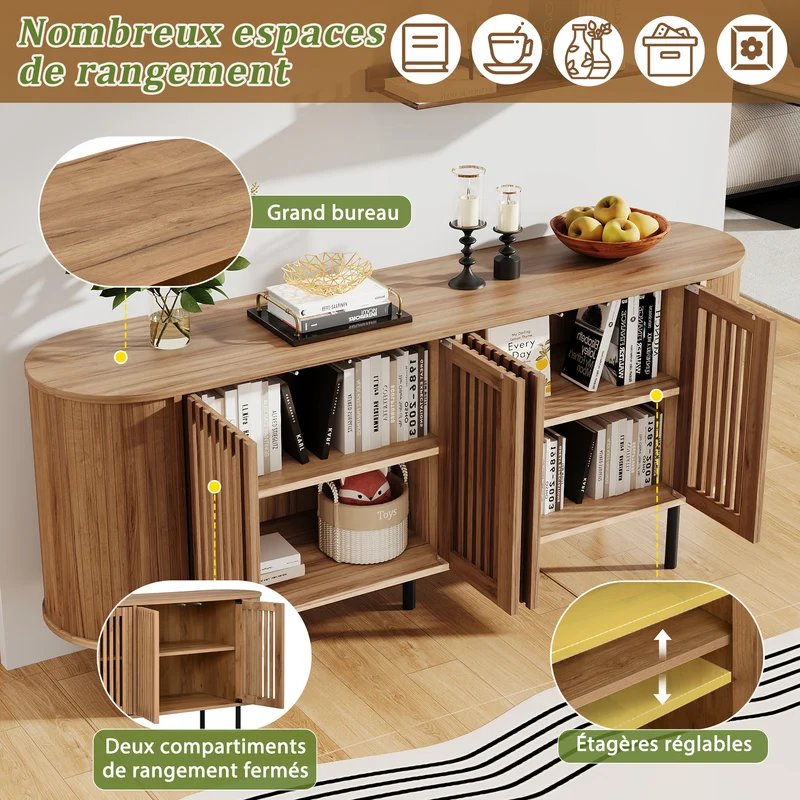 Buffet effet bois 4 portes cannées 160x40x70cm PILLOWCONCRETE