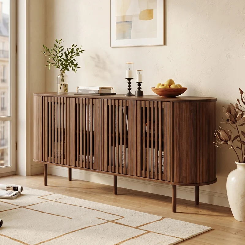 Buffet effet noyer 4 portes coulissantes ajourées 160x40x70cm PANELPRO