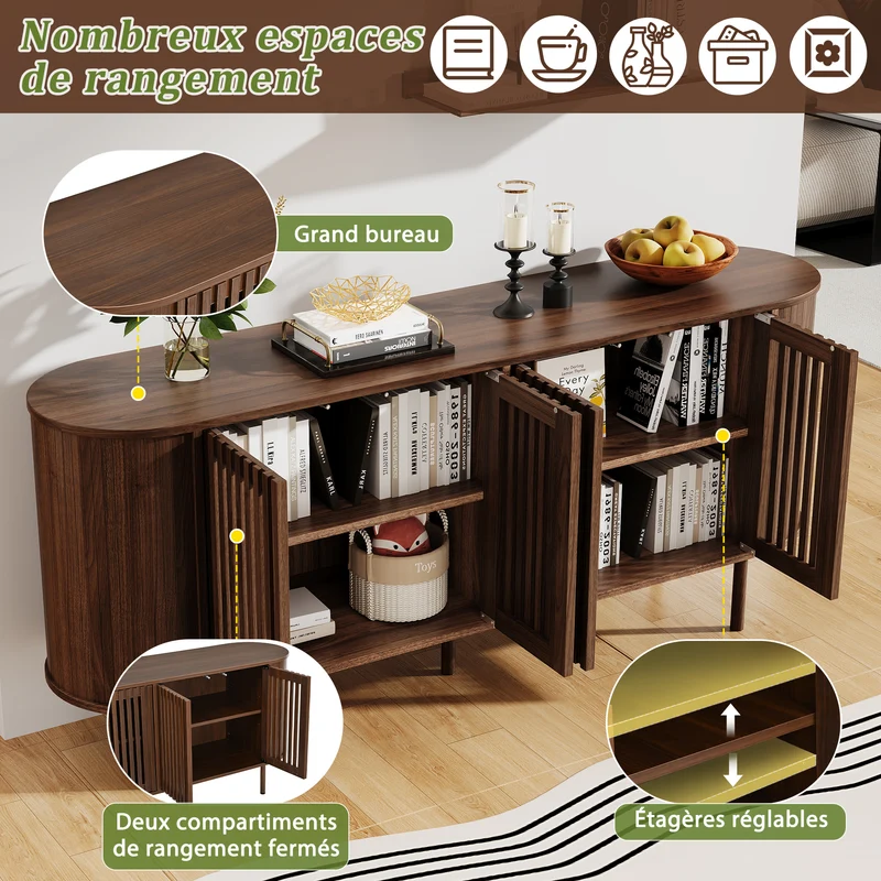Buffet effet noyer 4 portes coulissantes ajourées 160x40x70cm PANELPRO