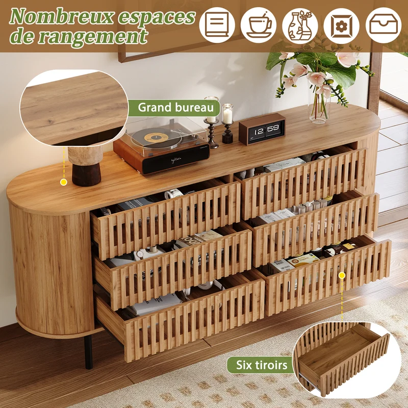 Buffet 160 cm effet bois, 6 tiroirs design à lattes, style cannage naturel PANELRESIN