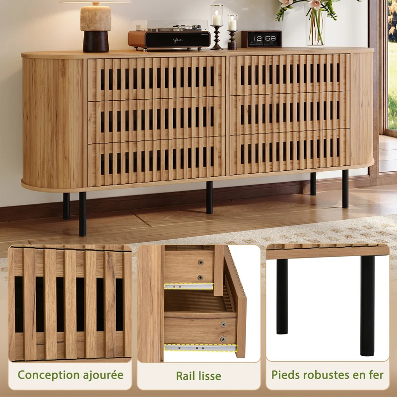 Buffet 160 cm effet bois, 6 tiroirs design à lattes, style cannage naturel PANELRESIN