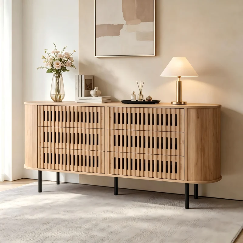 Buffet 160 cm effet bois, 6 tiroirs design à lattes, style cannage naturel PANELRESIN