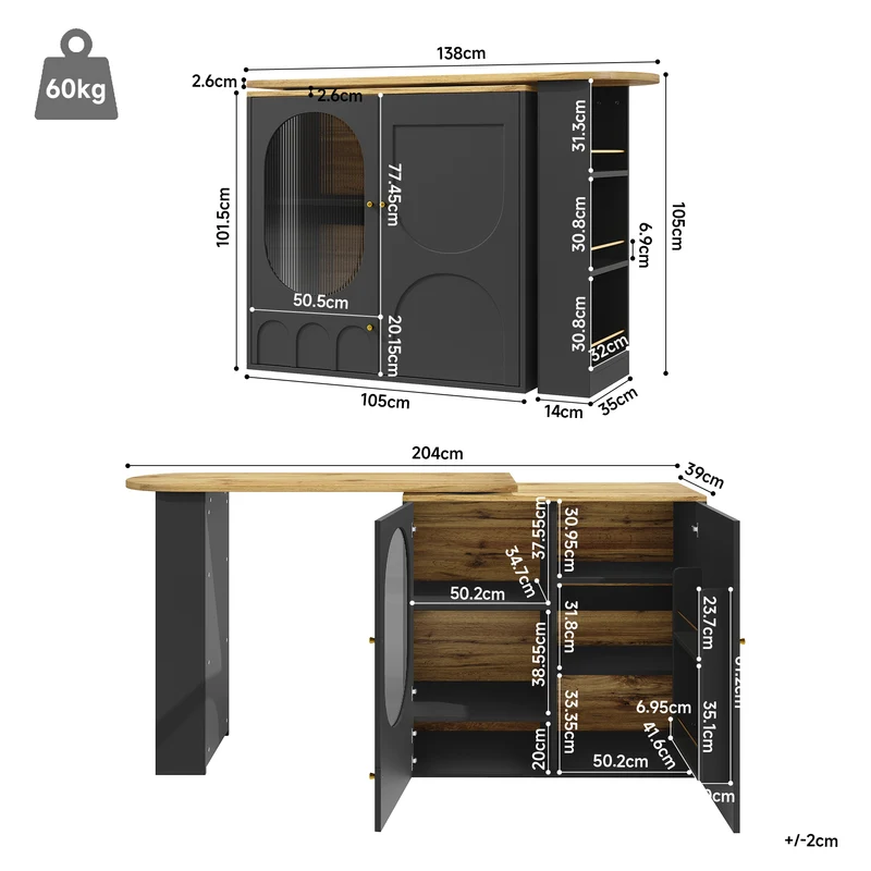 Table de bar pivotante 360° effet bois noir 3 portes, îlot de cuisine extensible MODERNSOFAHOME